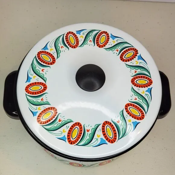 Berggren Vintage Swedish Folk Art Enamelware Pot with Lid - Picture 4 of 14